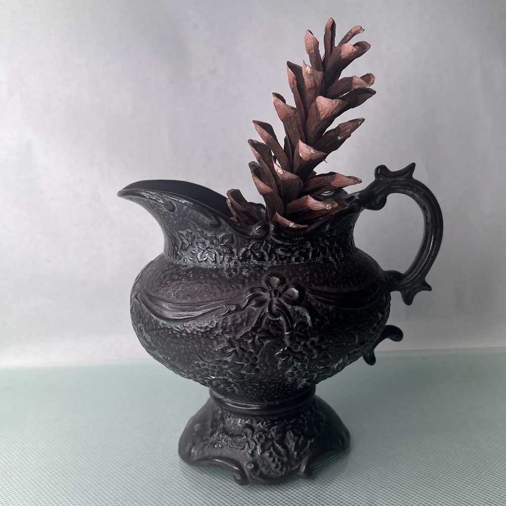 RARE Vintage Pressed Glass Pitcher | Grape & Bow Swag Design | Dark Finish